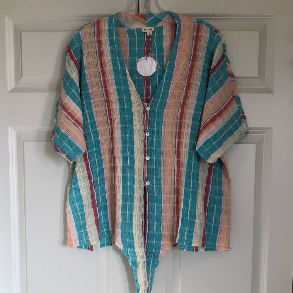 NWT En Creme Striped Gauze Button Down Tie Front Top, Size Large - Picture 10 of 13